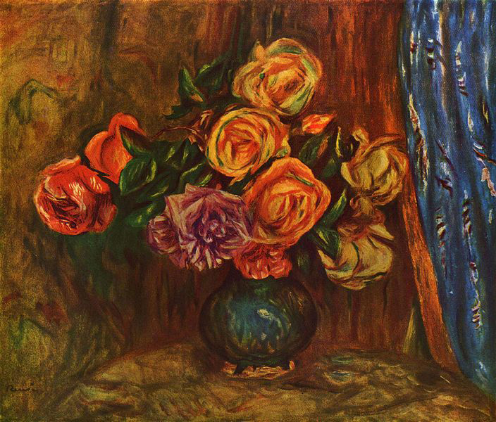 Pierre-Auguste Renoir Stilleben, Rosen vor Blauem Vorhang